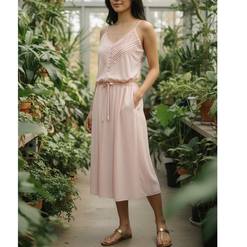 Vintage 1970s Victoria Peach Pink Midi Dress Boho Prairie Lace Cami Sundress